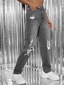 <span class=keywords><strong>Gris</strong></span> <span class=keywords><strong>clair</strong></span> bleu respirant simple confortable élégant taille moyenne femmes <span class=keywords><strong>jean</strong></span> jambe droite Baggy Denim déchiré lavé décontracté - Product Image 4