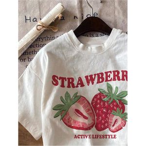 FOXA Women's <b>Strawberry</b> Print Crew Neck T-Shirt Short Sleeve Casual Summer <b>Tops</b> 100% Cotton Breathable Jersey Fabric - Product Image 3