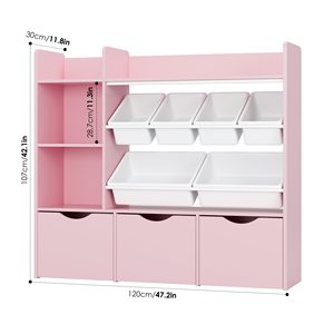 핑크색 장난감 수납 정리함 (3개 이동식 서랍, 책꽂이 및 책장 포함, 6개 플라스틱 통 및 2개 수납함, 장난감 보관함) - Product Image 3