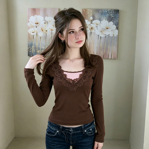 Women's Lace Trim Color Block <b>Crop</b> Long Sleeve T-Shirt Stretchy Slim Fit Casual Soft Blouse <b>Top</b> - Product Image 3