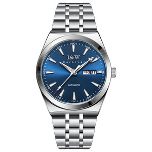Best Seller I&W Elegante Orologio Automatico da Uomo Quadrante Blu con Indicatori Luminosi Giorno e Data Cinturino in Acciaio Inossidabile Orologio Meccanico - Product Image 1