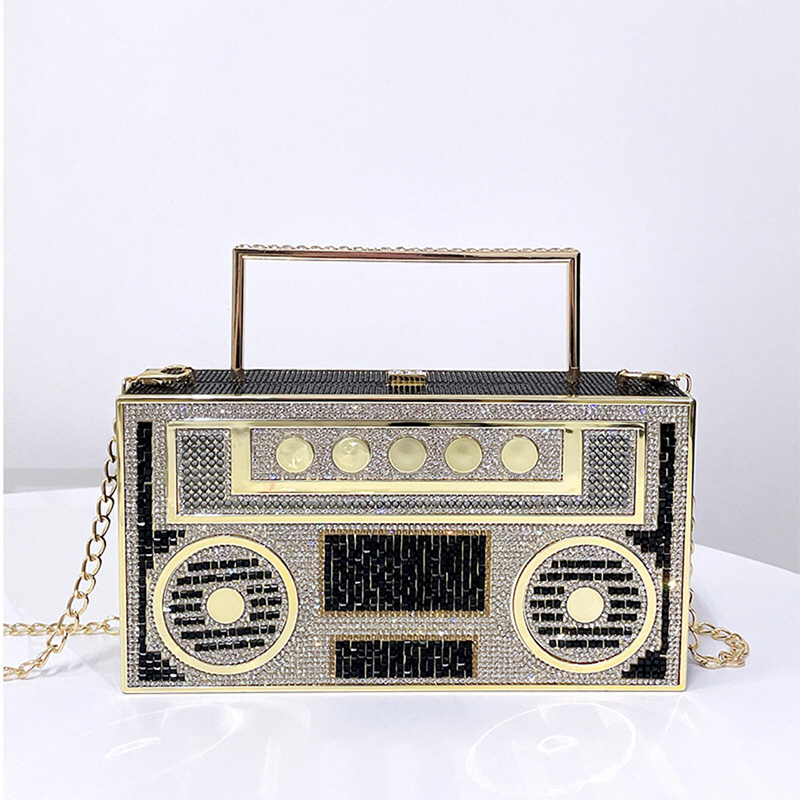 Bright Rhinestones Handbags Radio Shaped Clutch Bag Wedding Party Bridal Ladies Metal Handle Rhinestone Evening Handbags