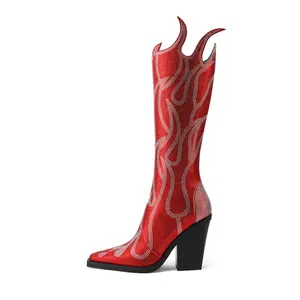 Red sliver black diamond knee high boots for women shoes custom cowboy boots party dress shoes flame rhinestone boots