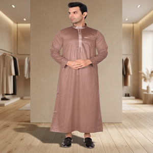 Qamis Homme Marron en Polyester à Manches Longues, Col Montant, Boutons sur le Devant, Longueur Ras du Sol, Robe de Prière Musulmane Traditionnelle Arabe - Product Image 3