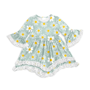 Robe à manches longues pour filles en soie imprimée, robe décontractée pour enfants avec bordure en dentelle florale marguerite et tournesol, manches évasées pour petites filles - Product Image 5