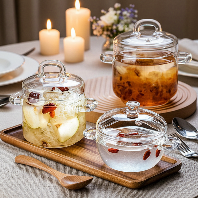 Food Grade Transparent Flat-Bottomed Pan Kitchen Pot Heat-Resistant Glass Cookware with Glass Lid and Handle Kitchenware