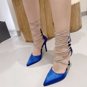 Sandales d'extérieur pour femmes à talons aiguilles, dessus en satin doux, talons fins, diamants brillants, brides de cheville, printemps, automne, été - Product Image 4