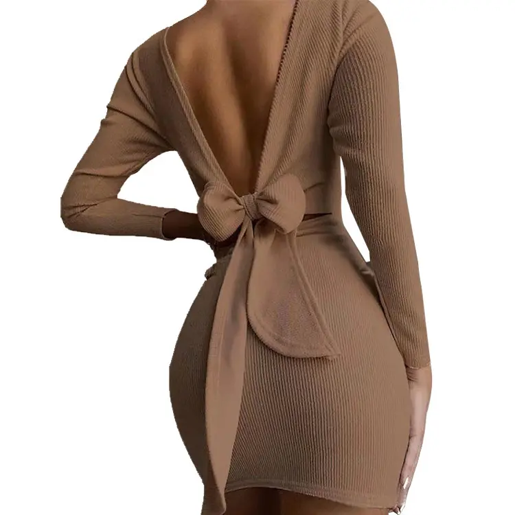 New Arrival Sexy Backless Long Sleeve Women Dress Solid Women's Mini Dress with Bowknot