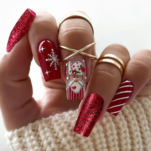 24 pièces en boîte à la main style français <span class=keywords><strong>court</strong></span> <span class=keywords><strong>faux</strong></span> ongles conseils pour l'application des doigts automne hiver INS Design chapeau de noël - Product Image 1