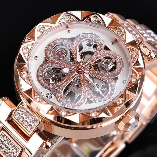 Rose Gold Watches Lady Minimalist Elegant Luxury Stainless Steel Automatic OEM Skeleton Iced Out Mechanical Womens WristWatch