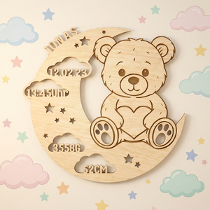 Pendentif Plaque Commémorative en Bois Ourson Lune pour Naissance Bébé, Décoration Nouveau-né Découpée au Laser, Plaque Nominative Baptême, Ornement <span class=keywords><strong>de</strong></span> Bureau - Product Image 2