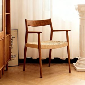 Sillón Nórdico de Madera Maciza de Roble y Cerezo con Asiento Tejido en Cuerda, Silla de Comedor de Estilo Japonés Minimalista para Adultos - Product Image 1