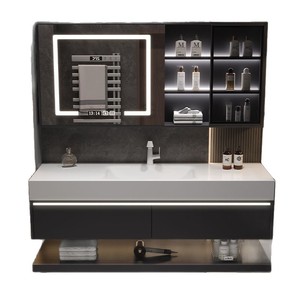 Bathroom Vanity <b>Combination</b> Grey Slab Countertop With Mirror Light And Storage Shelf - Product Image 5