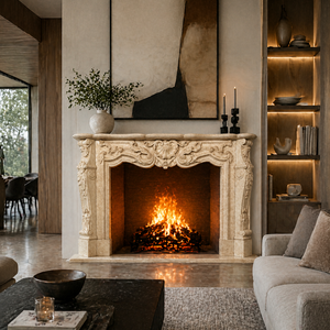 Chimenea tradicional de mármol con tallado ornamentado, de mármol beige Galala, para interiores, con estufa de leña para comedor. - Product Image 5