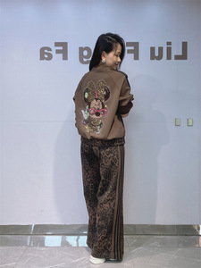 European and American women's fashion: <b>leopard</b> <b>print</b> patchwork, rhinestone-embellished, stand-up collar, long-sleeved casual set - Product Image 3
