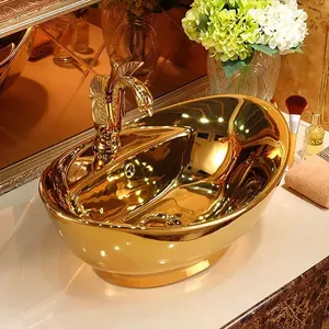 supplier custom luxury gold plated table top wash basin vessel bathroom oval sink art basin gold wash basin for hotel bathroom