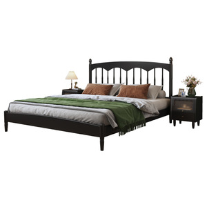 French Retro Style Black <b>Double</b> <b>Bed</b> 1.5m 1.8m Platform <b>Bed</b> Modern Minimalist Solid Wood Windsor <b>Bed</b> Master Bedroom Furniture - Product Image 3