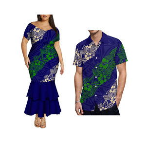 Venta al por mayor personalizado a juego ropa de pareja señora fuera del hombro polinesio estampado sirena vestido de graduación y Plus tamaño Aloha hombres camisa - Product Image 4