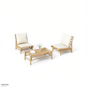 Set di Sedie da Giardino in Bambù con Cuscini Color Crema, Arredamento da Esterno dal Design Minimalista, Set da Giardino a 2 Posti - Product Image 1