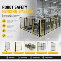 Structure de séparation industrielle pour poste de travail robotisé, avec barrière cellulaire et clôture grillagée en fil jaune