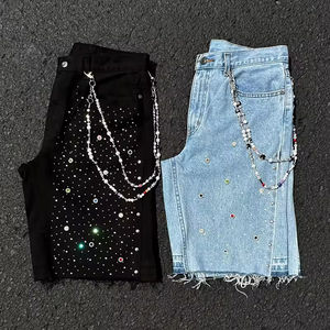 กางเกงขาสั้นผ้ายีนส์สำหรับผู้ชายกางเกงขาสั้นสตรีทแวร์หินไรน์สโตน - Product Image 1