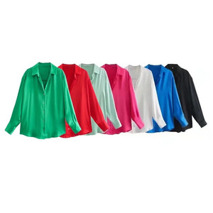 女性のためのエレガントなサテンシルクソリッドカラー長袖ブラウス - Product Image 1