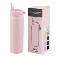 Bouteille d'eau isotherme personnalisée avec logo, 24 oz, avec paille, couvercle coulissant anti-fuite, en acier inoxydable, avec poignée intégrée
