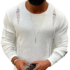 Мужской трикотажный свитер, однотонный вязаный свитер с круглым вырезом и отверстиями для осени и зимы