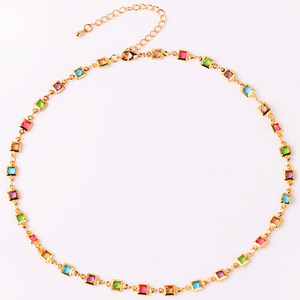 Wholesale 18K Gold Plated <b>Copper</b> Neck Jewelry Square Multi Color Zircon Inlay Thin Anti-fade Trendy Versatile Waterproof <b>Chain</b> - Product Image 3
