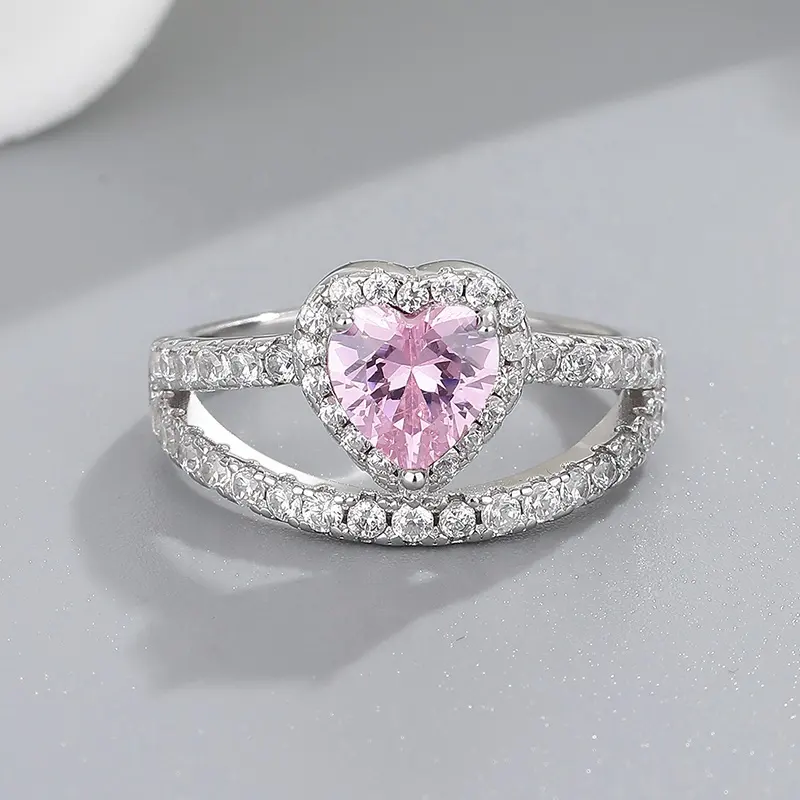 Pink Heart Luxury Popular Cubic Zirconia Custom Fine Jewelry Rings 925 Sterling Silver Ring