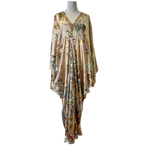 Jupe féerique vintage imprimée pour femme, taille ajustée, style vacances, en lin et soie, coupe ample, manches évasées, luxe léger, haut de gamme - Product Image 1