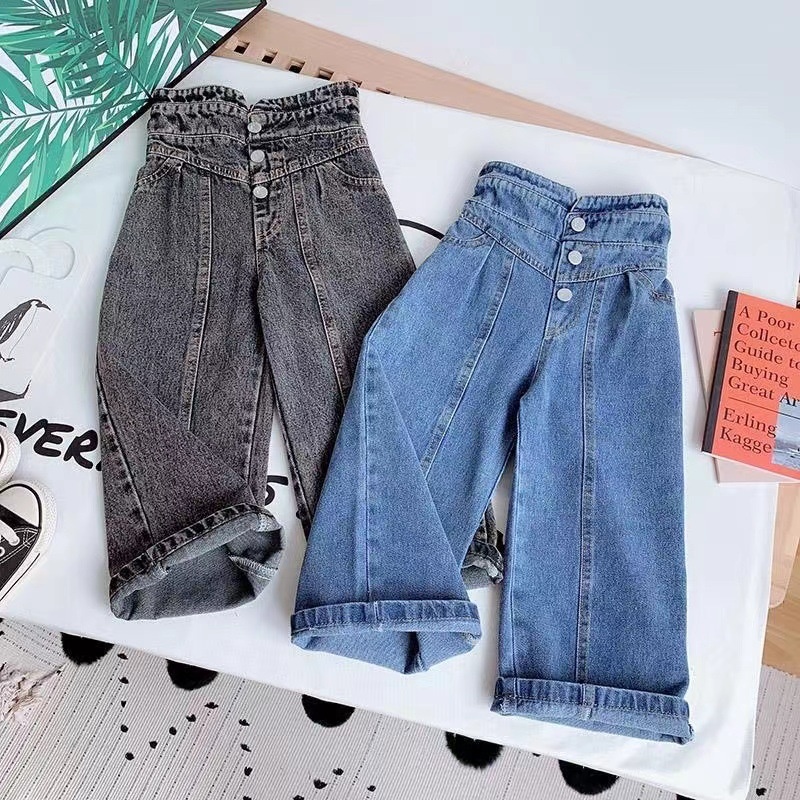 2025 Spring Autumn Girls' High Waist Western Style Jeans Children's Wear Wide Leg Pants