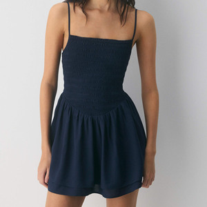Mini robe smockée en mousseline de soie pour femmes, col carré, double couche, jupe fluide, dos nu, en mousseline de soie bleu marine, robe de soirée décontractée - Product Image 4