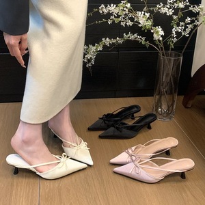 Factory Wholesale Summer Bow-wrapped Head Half Slippers Wearing Satin Elegant Pointy Heels for Women - Product Image 1