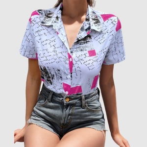 E0103TA08 Camisas de mujer con botones <span class=keywords><strong>y</strong></span> cuello alto con estampado de letras - Product Image 3
