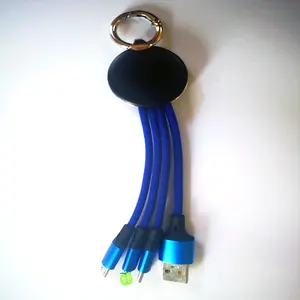 Chaveiro luminoso multifuncional portátil com logotipo personalizado, cabo de nylon trançado, cabo de dados 3 em 1 USB, cabos de três tração para presentes