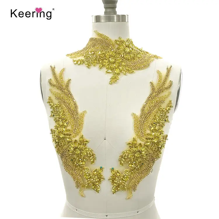 WDP-303 Nigeria baru desainer emas kristal manik-manik Patch gaun pernikahan berlian imitasi Applique untuk dekorasi leher pesta