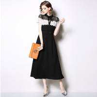 Femmes Nouveau Designer Mode Demi-col montant Noir et Blanc Dentelle Patchwork Longue Robe en Mousseline Robe Décontractée
