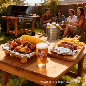 Plateaux de service en bois avec pieds pour ailes de poulet, frites, desserts – Présentoir commercial pour restaurant, avec poignée, non fini - Product Image 3