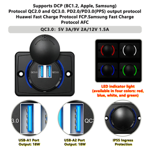 Cargador USB para Coche, Carga Rápida, 12-24V, Montaje en Panel Marino, 2 Puertos USB-A QC 3.0, Toma de Corriente - Product Image 3