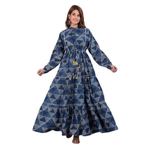 Vestido de Algodón para Mujer, Estampado a Mano, Estilo Escalonado, Manga Abullonada, Cuello Alto, Ecológico, Atuendo Casual - Product Image 3