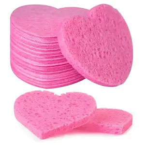 Esponjas de limpeza facial de celulose natural comprimida em forma de coração rosa, para limpeza, esfoliação e remoção de maquiagem