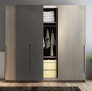 Armadio con porta scorrevole in stile Corona con finitura bicolore, interni illuminati a LED e portaoggetti personalizzati, centrotavola camera da letto moderna - Product Image 1