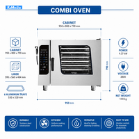Horno Combinado Comercial de 6 Bandejas con Limpieza Automática, Sonda para Carne, Vaporización, Horneado, Convección por Aire Caliente y Velocidad del Viento Ajustable