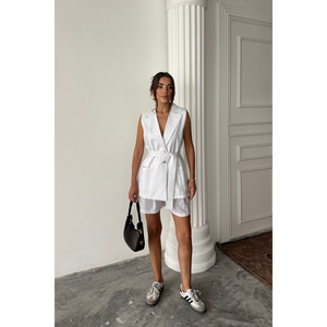 Conjunto de Chaleco y Pantalones Cortos Deportivos para Mujer, 100% Lino, Color Blanco, Corte Holgado, Largo hasta la Rodilla, Decoración con Logotipo, Diseño Sólido, para Otoño, Uso en el Hogar - Product Image 6