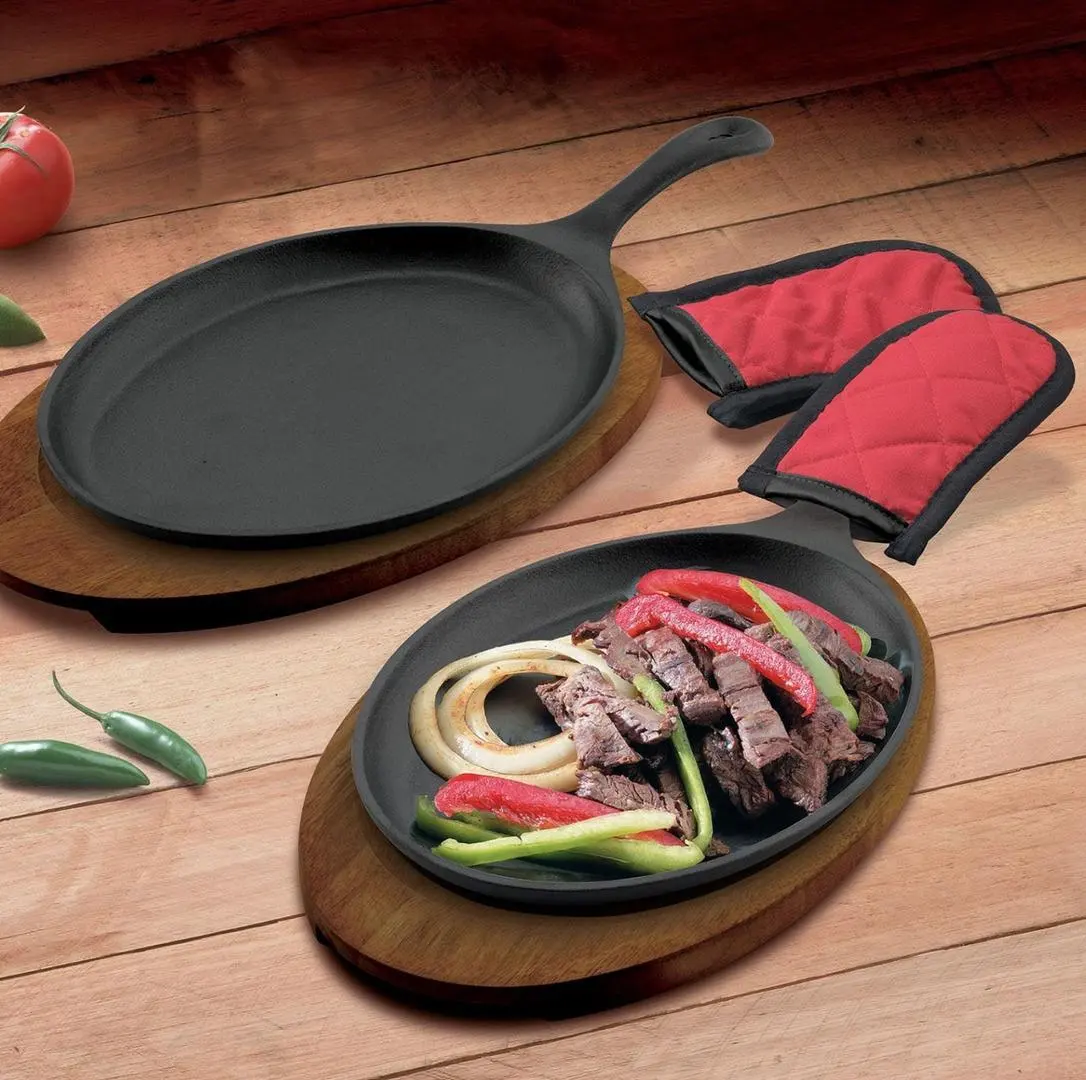 Vòng Hình Bầu Dục Pre-Dày Dạn Đúc Sắt Nướng Sizzling Pan BBQ Đồ Nấu Nướng Sizzling Tấm Bít Tết Pan Với Cơ Sở Bằng Gỗ