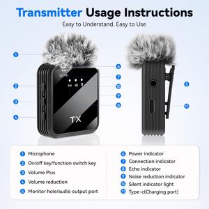 Micrófono 3 en 1 para Teléfono, Micrófono Lavalier Inalámbrico para Cámaras, Mini Micrófono para Blogging con Reducción de Ruido por IA - Product Image 5