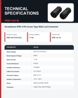 Conector Redondo Macho IP68 de 4 Pines, 17.5A 450V CA, con Abrazadera de Tornillo para Iluminación LED de Calle