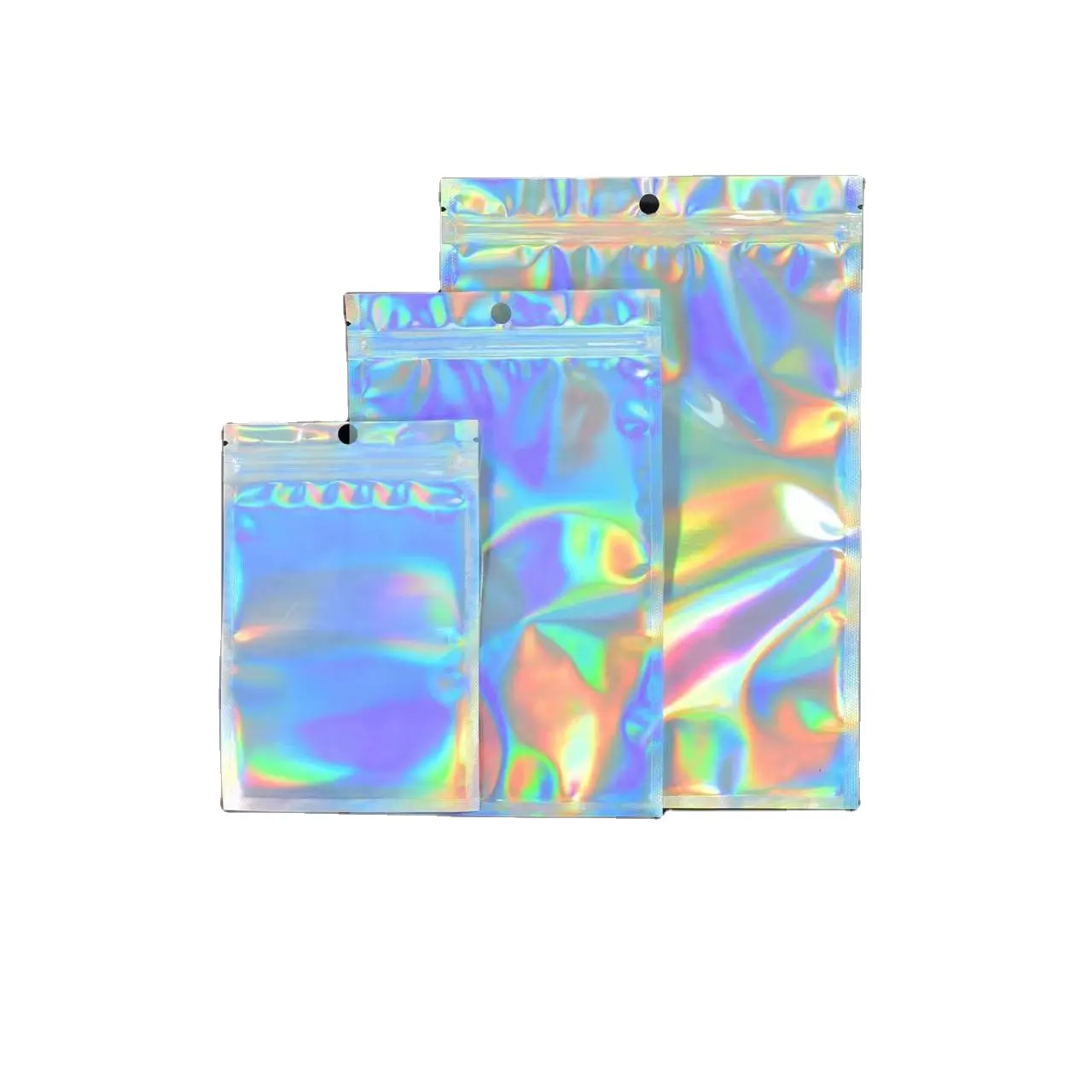 Sacos plásticos com impressão holográfica Mylar Ziplock para embalagem, folha metálica à prova de cheiro impressa personalizada, laser rosa