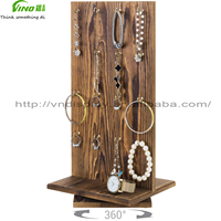 Organisateur de bijoux rotatif à 360 degrés Vino en bois de pin brûlé rustique, 32 crochets, support pour bracelets, présentoir à bijoux, taille personnalisable